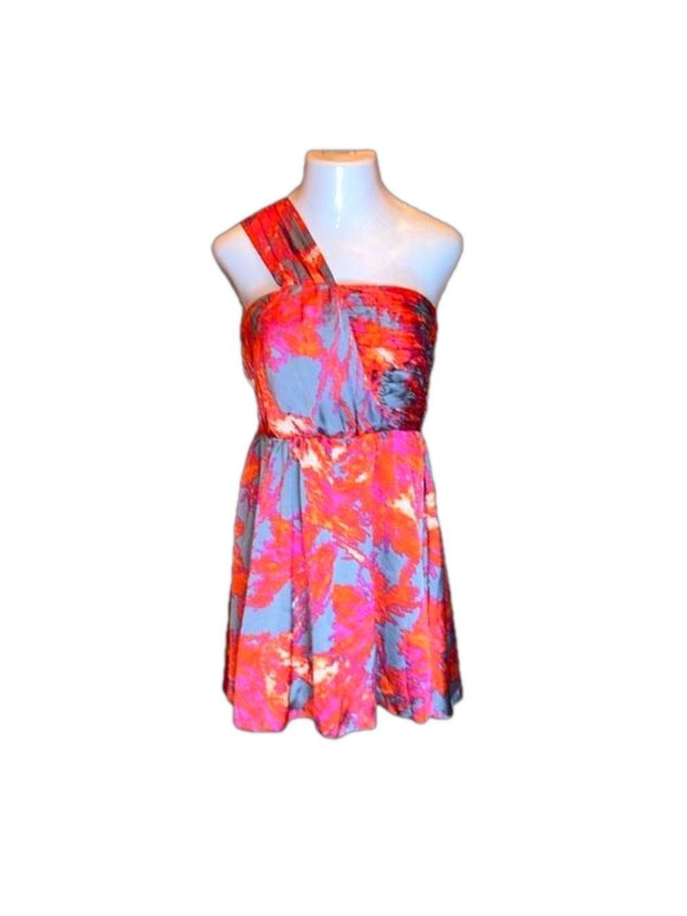 GO INTERNATIONAL Pink & Orange, Abstract Print One Shoulder Dress NWT! Size 15